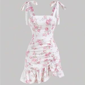 Shein Floral Print Tie Shoulder Ruched Ruffle Hem Cami Dress, Small, White